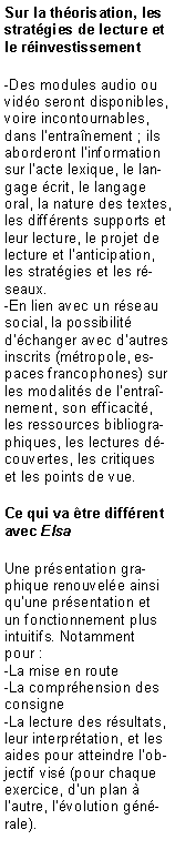 Zone de Texte: Sur la thorisation, les stratgies de lecture et le rinvestissement-Des modules audio ou vido seront disponibles, voire incontournables, dans lentranement ; ils aborderont linformation sur lacte lexique, le langage crit, le langage oral, la nature des textes, les diffrents supports et leur lecture, le projet de lecture et lanticipation, les stratgies et les rseaux.-En lien avec un rseau social, la possibilit dchanger avec dautres inscrits (mtropole, espaces francophones) sur les modalits de lentranement, son efficacit, les ressources bibliographiques, les lectures dcouvertes, les critiques et les points de vue. Ce qui va tre diffrent avec ElsaUne prsentation graphique renouvele ainsi quune prsentation et un fonctionnement plus intuitifs. Notamment pour :-La mise en route-La comprhension des consigne-La lecture des rsultats, leur interprtation, et les aides pour atteindre lobjectif vis (pour chaque exercice, dun plan  lautre, lvolution gnrale).